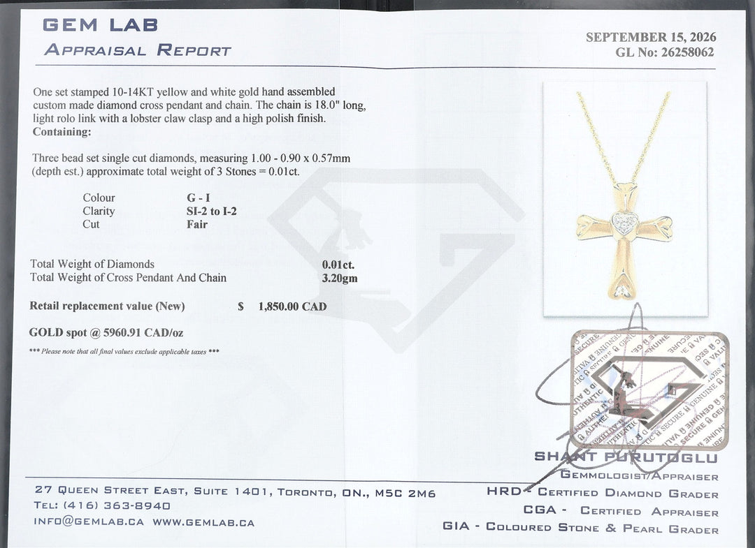 10-14KT Yellow and White Gold 0.01ctw Diamond Estate Cross Pendant and Rolo Chain 18"
