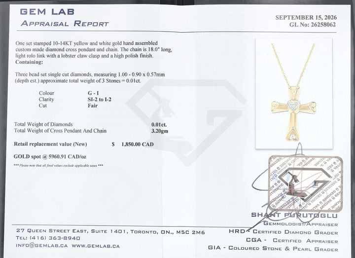 10-14KT Yellow and White Gold 0.01ctw Diamond Estate Cross Pendant and Rolo Chain 18"