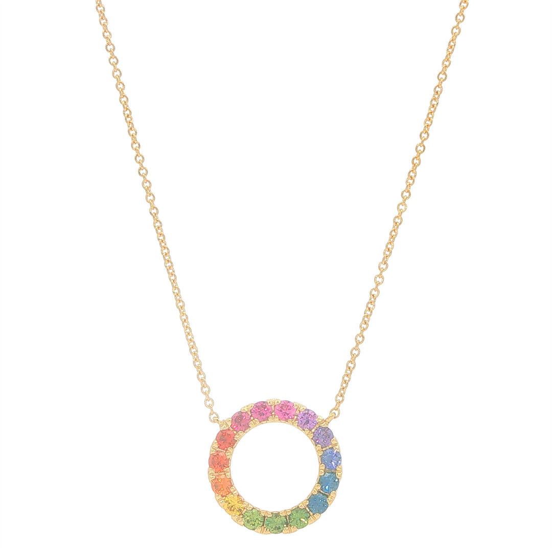 18KT Yellow Gold Circular Multi-Coloured Sapphire Necklace 16+2"