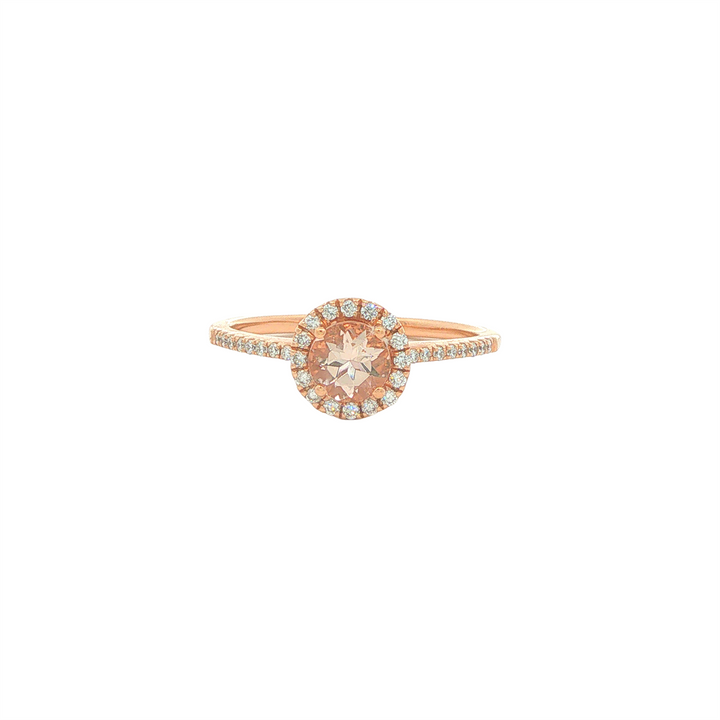 14KT Rose Gold Ring with Morganite and 0.14ctw Diamond Halo and Shoulders