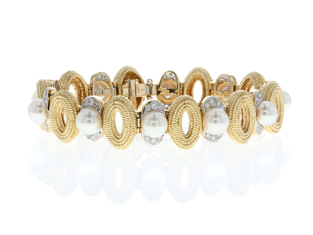 14KT Yellow with Rhodium Plating Gold Akoya Pearl and 1.10ctw Diamond 7" Estate Bracelet