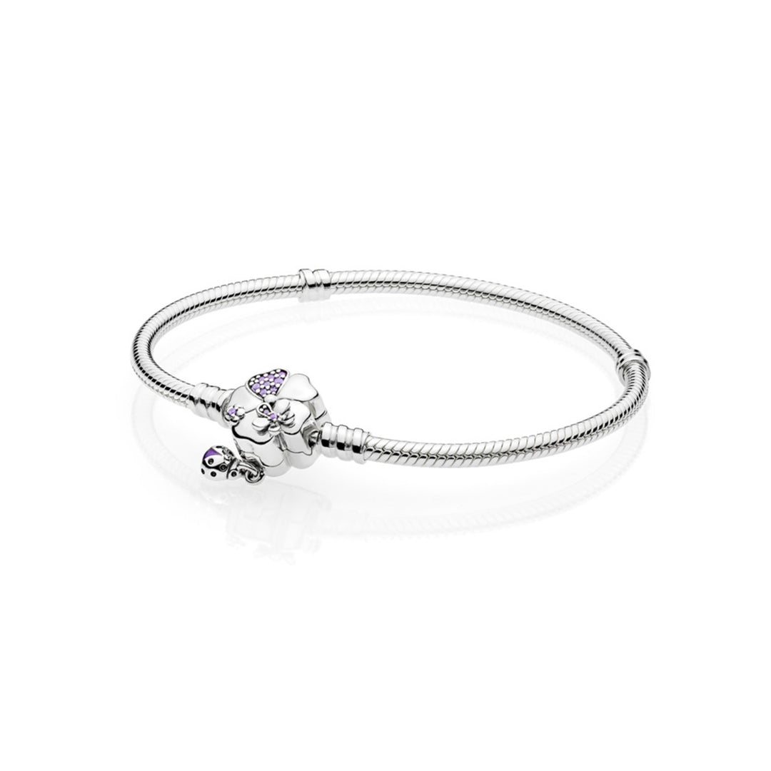 Snake chain bracelet in sterling silver with flower and ladybug clasp