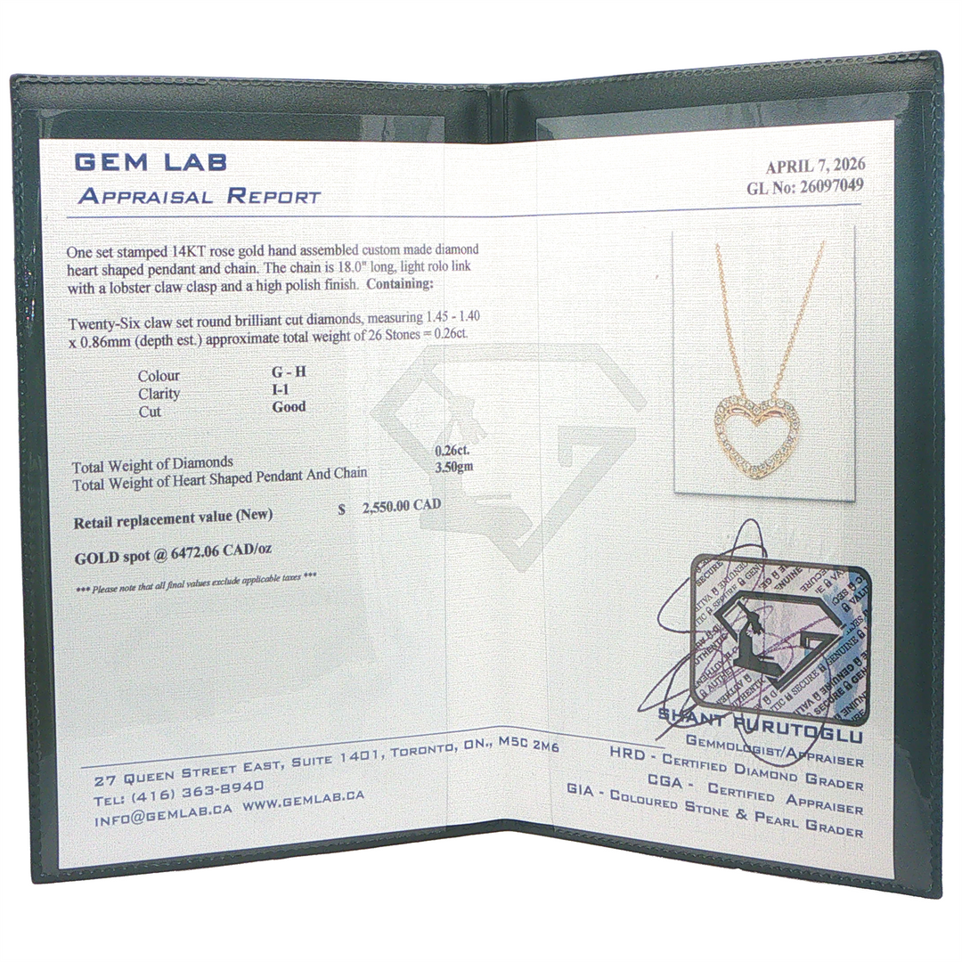 14K Rose Gold and 0.26ctw Diamond Heart Pendant with 18" Long Rolo Chain