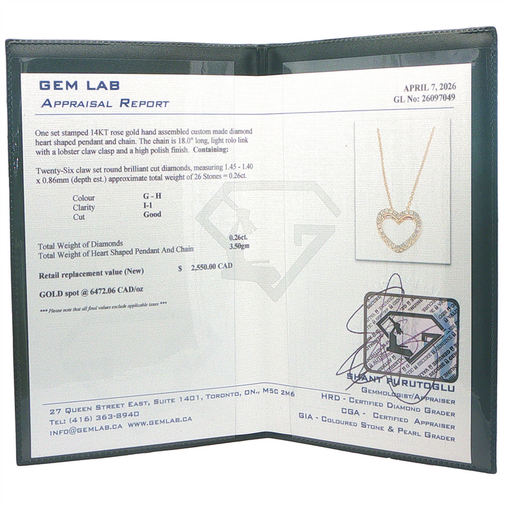 14K Rose Gold and 0.26ctw Diamond Heart Pendant with 18" Long Rolo Chain