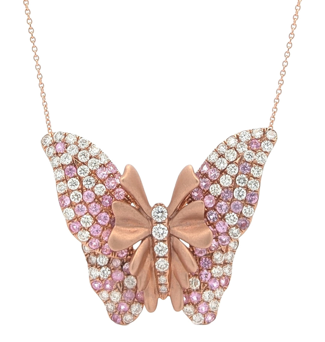 14K Rose Gold Pink Sapphire 1.58ctw Diamond Butterfly Motif 13+2" Necklace
