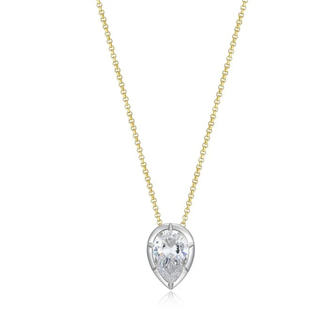 REIGN Sterling Silver Gold and Rhodium Plated Pear Cut CZ Pendant Necklace 16 + 3"