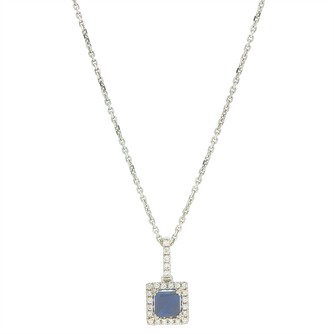 18KT White Gold Sapphire Pendant with 0.07ctw Diamond Halo on a 14KT White Gold Cable Link Chain 18"