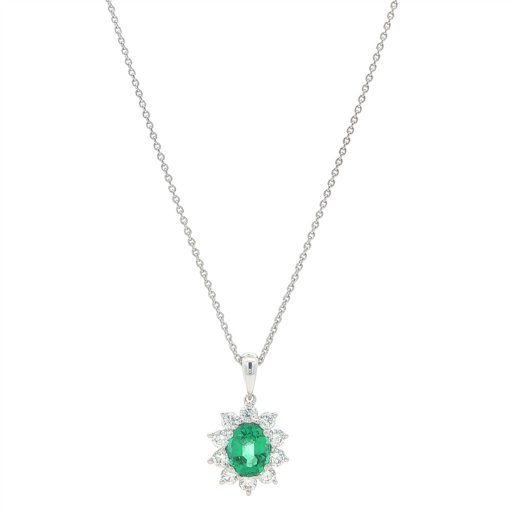18K White Gold Emerald 0.65ctw Diamond 16+2" Necklace