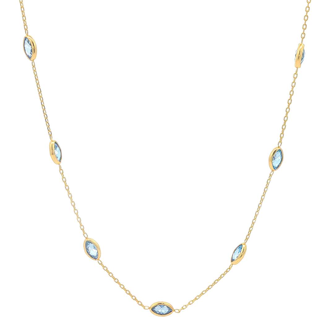 10KT Yellow Gold Blue Topaz Station Necklace 16 + 2"