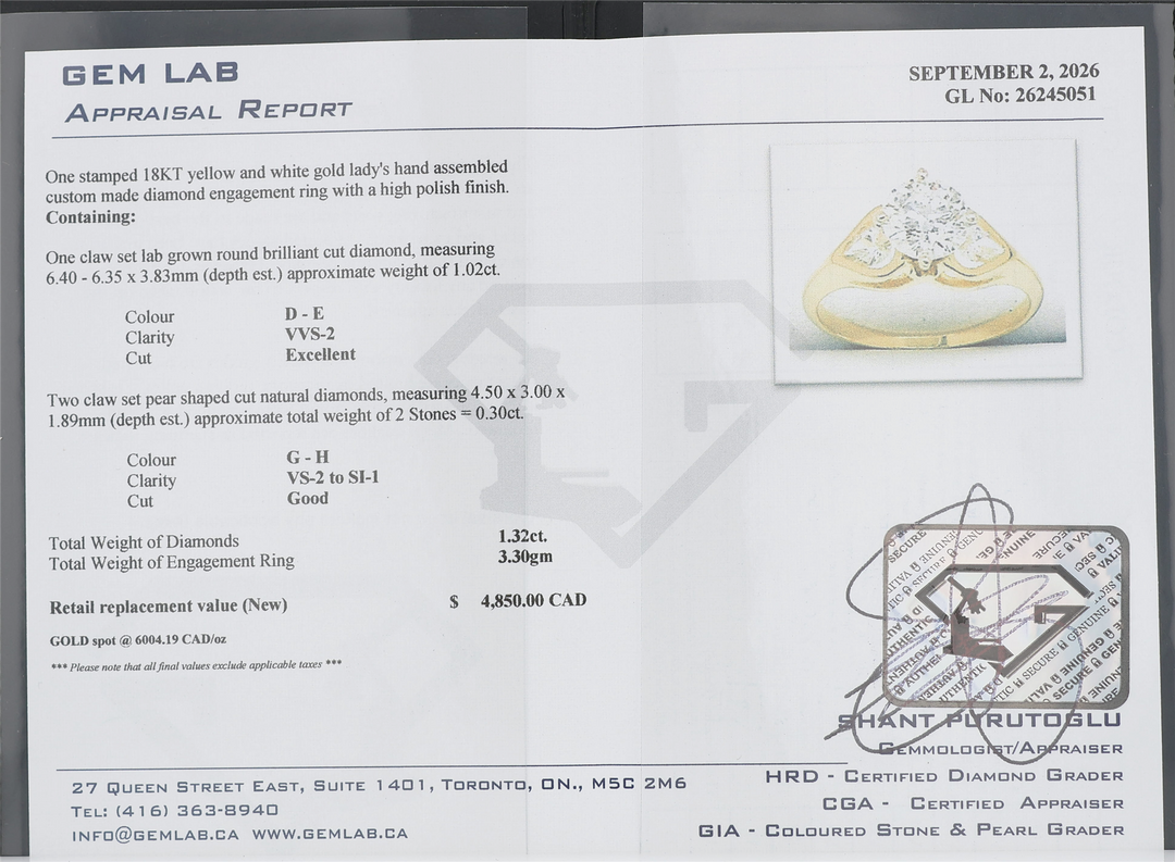 18KT Yellow and White Gold 1.02ct Lab Grown Round Brilliant Cut Diamond Engagement Ring with 0.30ct Natural Diamond Shoulder Accent