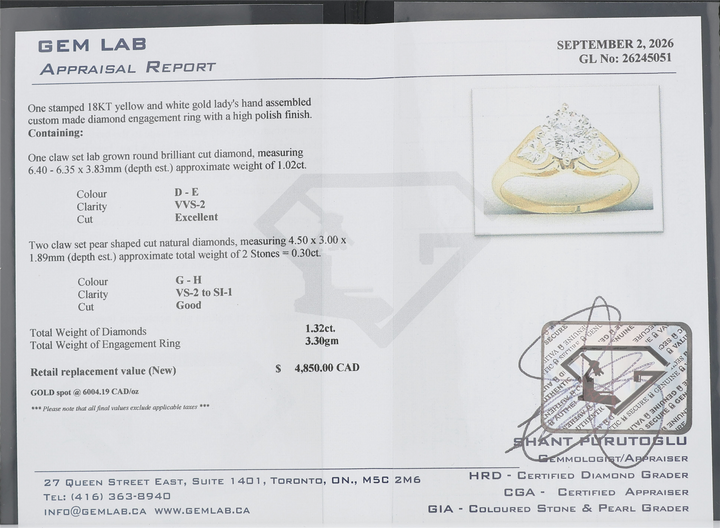 18KT Yellow and White Gold 1.02ct Lab Grown Round Brilliant Cut Diamond Engagement Ring with 0.30ct Natural Diamond Shoulder Accent