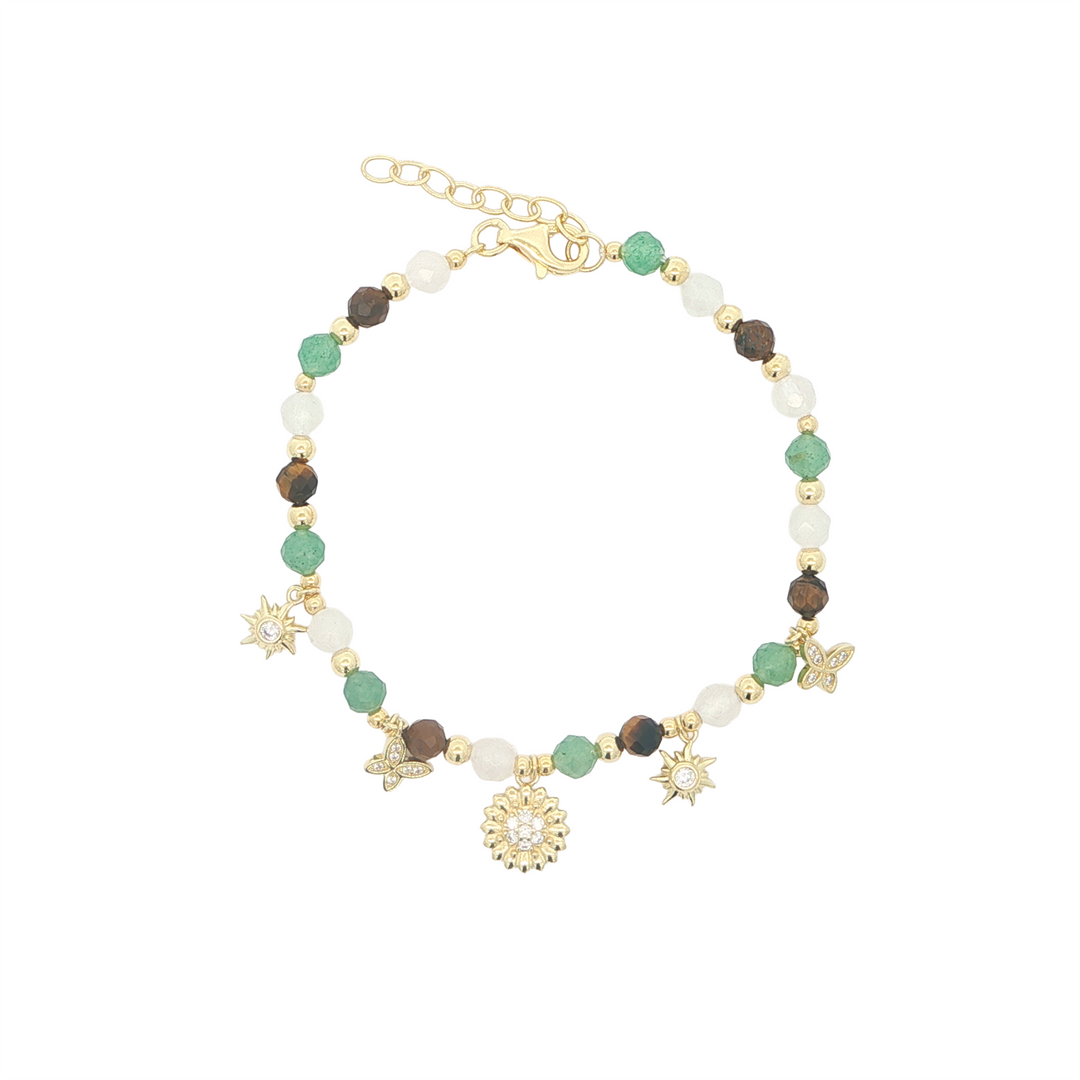 REIGN SS  Gold Plated Genuine Dark Green Adventurine, Rose Quartz & Tiger's Eyye Beaded Charm Bracelet 6.5+1"