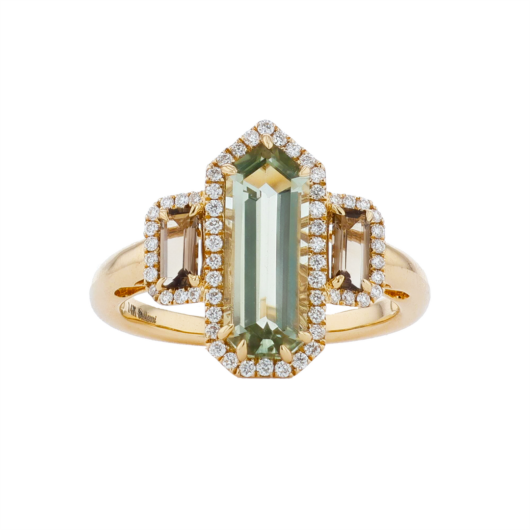 BELLARRI 14KT Yellow Gold Prasiolite, Smokey Quartz and 0.25ctw Diamond Ring