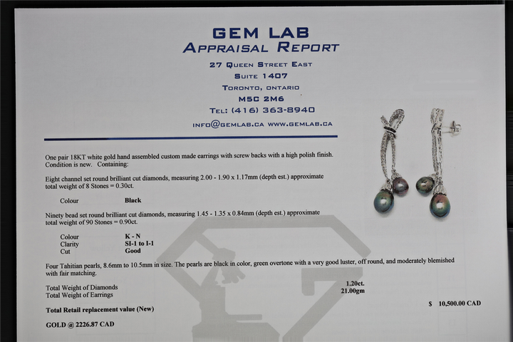 18KT White Gold Tahitian Pearl and 1.20ctw Diamond Estate Drop Earrings