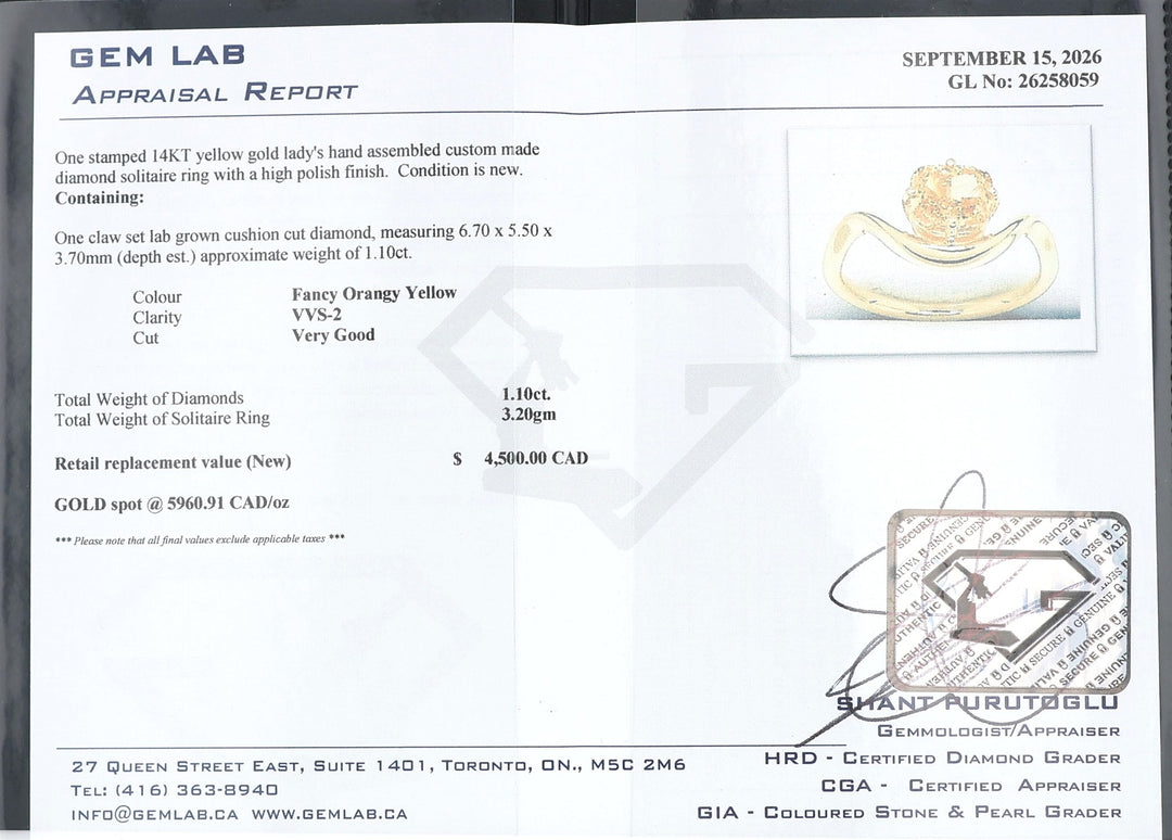HARMONY CUSTOM 14KT Yellow Gold 1.10ct Lab Grown Fancy Orange Yellow Cushion Cut Solitaire Diamond Ring