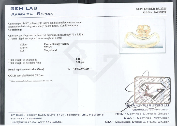 HARMONY CUSTOM 14KT Yellow Gold 1.10ct Lab Grown Fancy Orange Yellow Cushion Cut Solitaire Diamond Ring