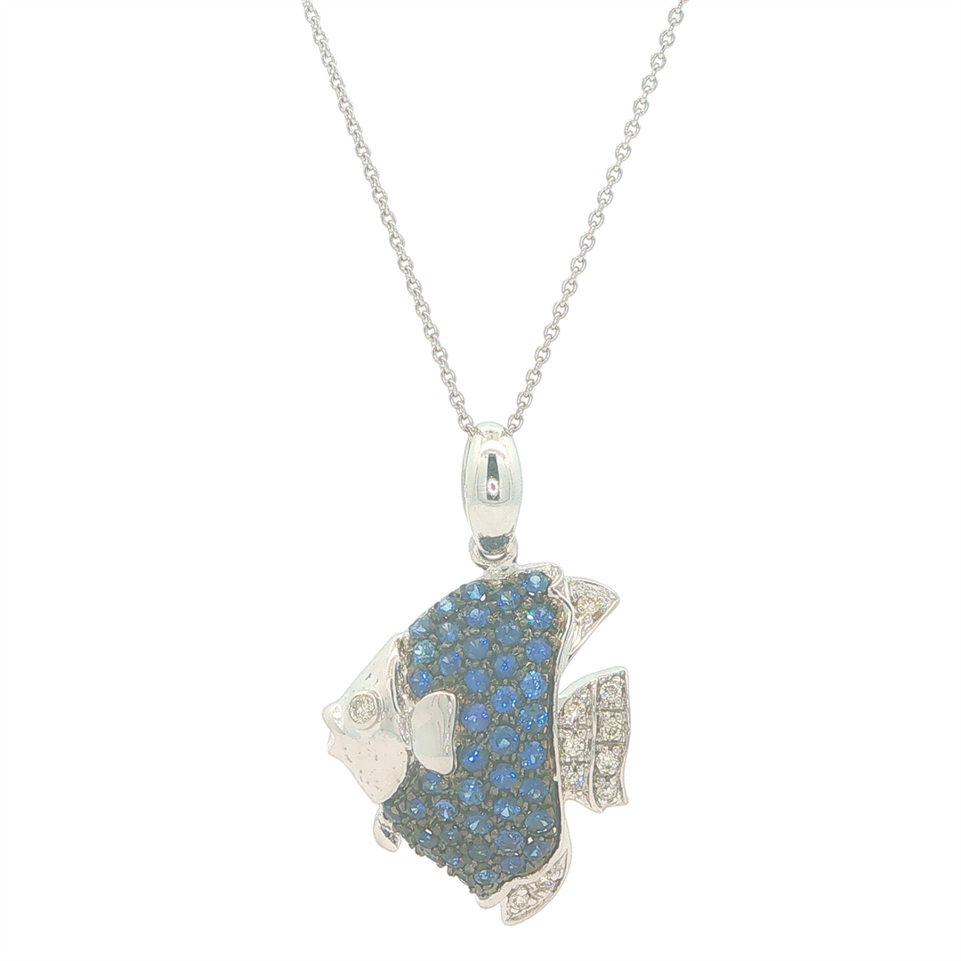 18KT White Gold Sapphire and 0.12cttw Diamond Estate Fish Pendant with a Light Rolo Link Chain 18"