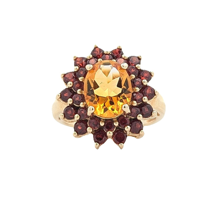 10KT Yellow Gold Natural Almandite Garnet and Natural Citrine Quartz Estate Cluster Ring
