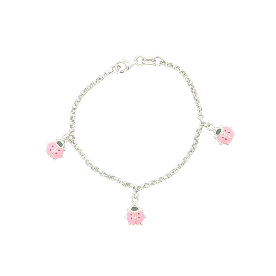 Sterling Silver Pink Ladybug Charm Children's Bracelet 6"