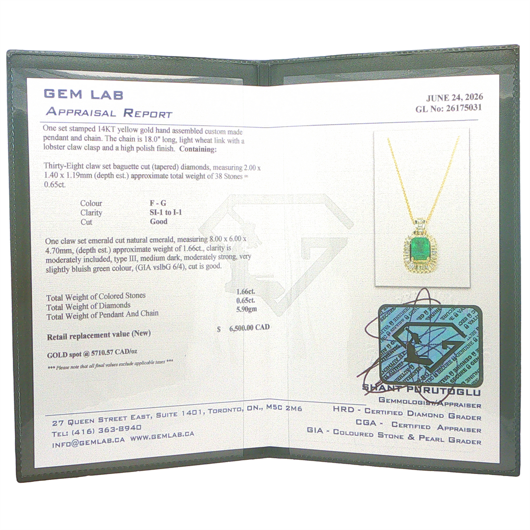 14KT Yellow Gold Emerald Cut Emerald & 0.65cttw Diamond Estate Pendant with Chain 18"