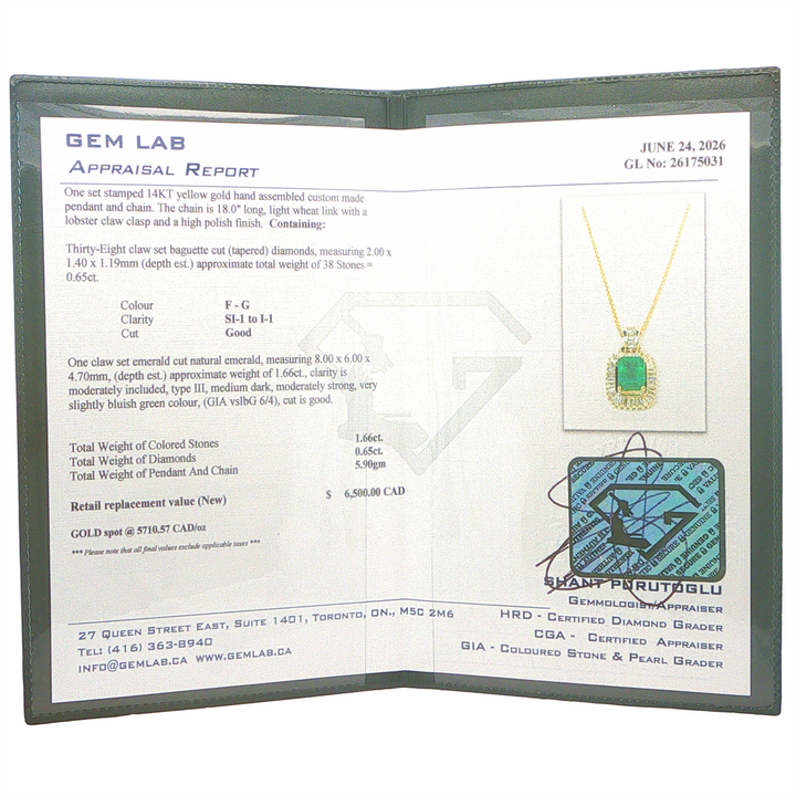 14KT Yellow Gold Emerald Cut Emerald & 0.65cttw Diamond Estate Pendant with Chain 18"