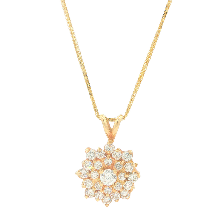 14KT Yellow Gold 1.20cttw Diamond Estate Cluster Pendant on Wheat Chain 18"