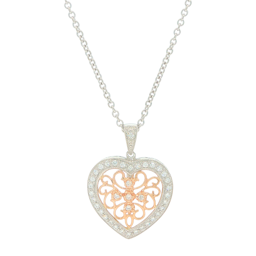 14KT White and Yellow Gold 0.25cttw Diamond Heart Shaped Pendant and Rolo Link Chain 16"
