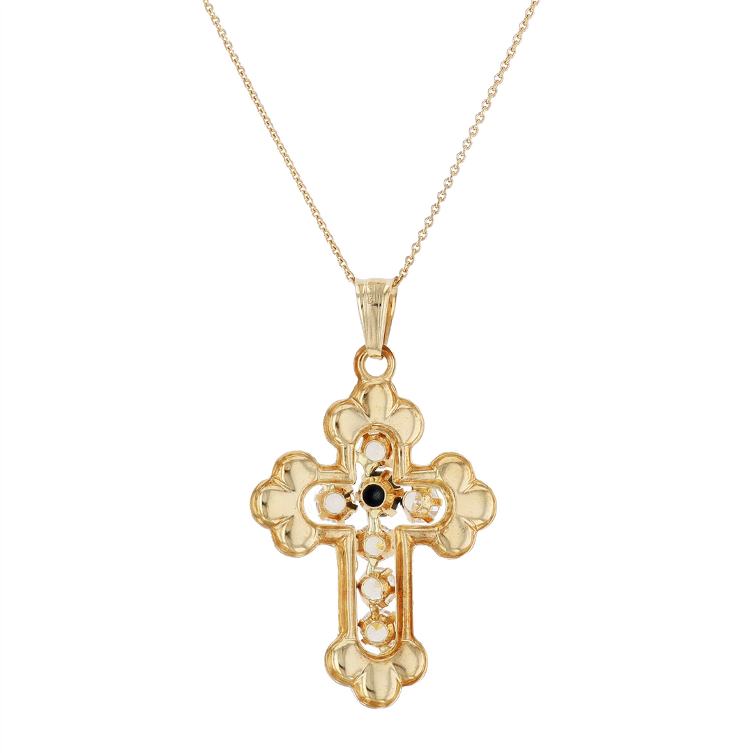 18KT Yellow Gold Sapphire and Cubic Zirconia Estate Cross Pendant on Rolo Chain 18"