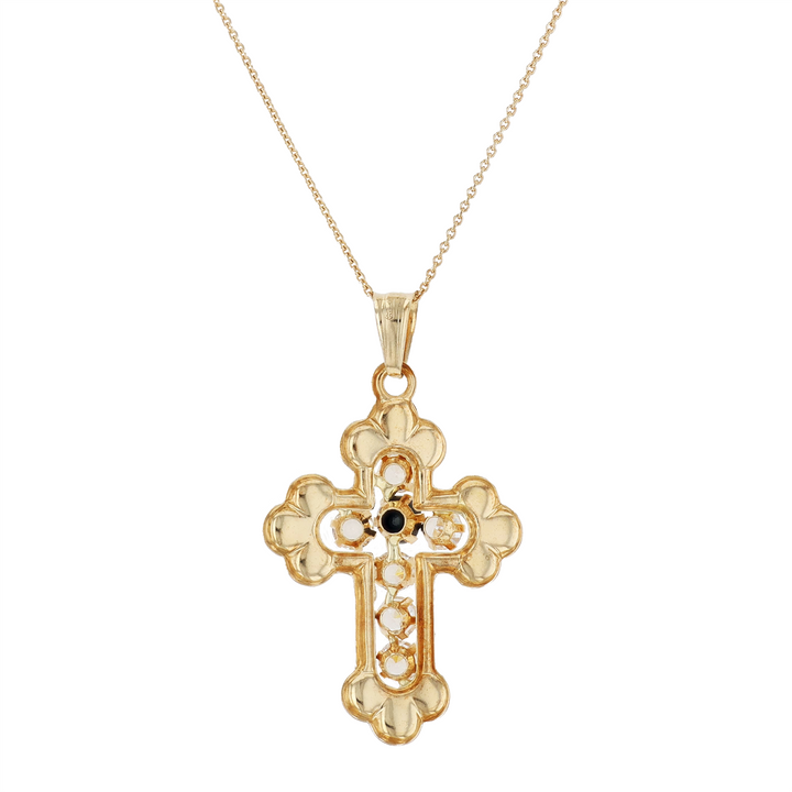 18KT Yellow Gold Sapphire and Cubic Zirconia Estate Cross Pendant on Rolo Chain 18"
