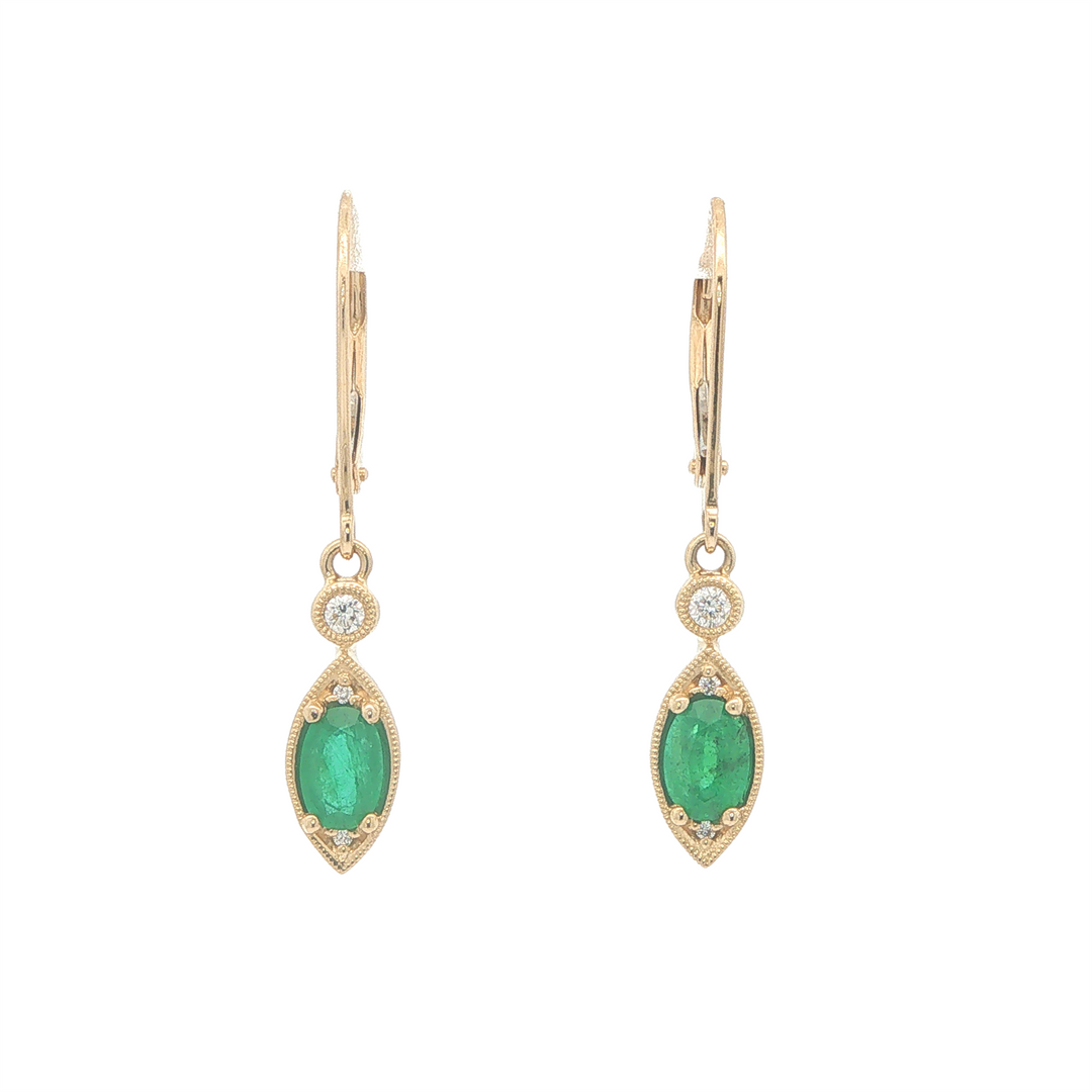 14K Yellow Gold 0.77ct Emerald and 0.08ct Diamond Drop Earrings