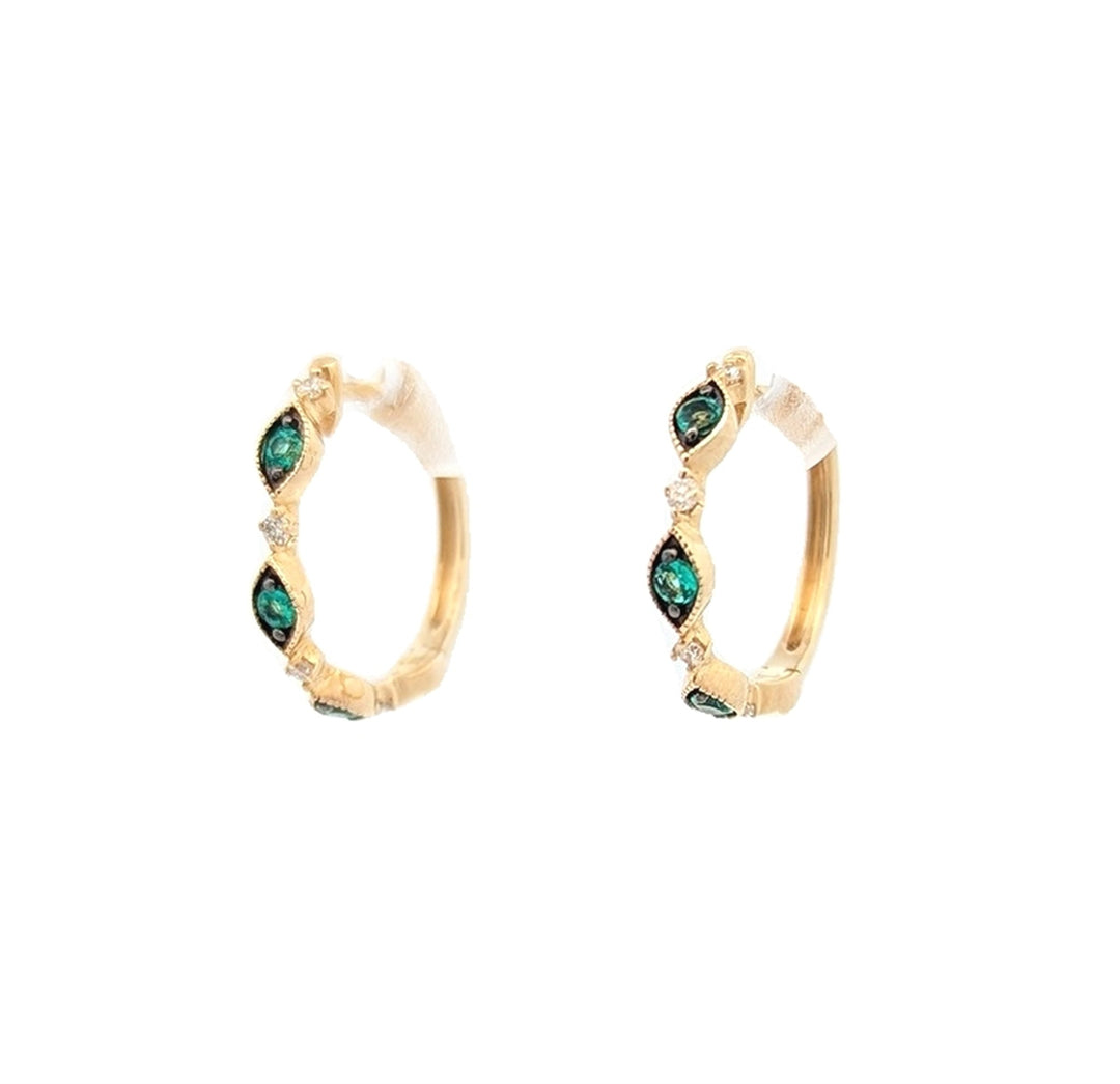 10KT Yellow Gold Emerald and Diamond Hoop Earrings