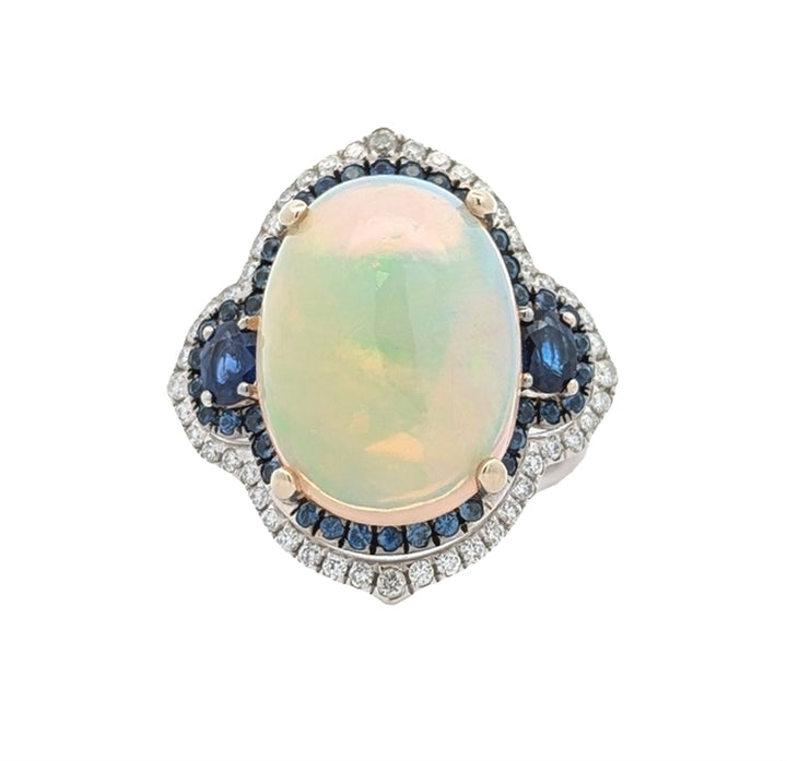 14KT White Gold Natural Blue Sapphire, Opal and 0.20ctw Diamond Estate Ring