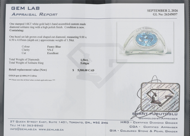 HARMONY CUSTOM 14KT White Gold 1.50ct Lab Grown Fancy Blue Oval Cut Solitaire Diamond Ring