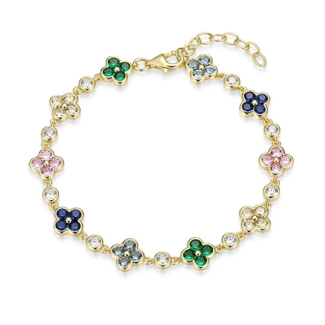 REIGN Sterling Silver Gold Plated Multi-Colour Clover Station Bracelet 6.5 + 1"