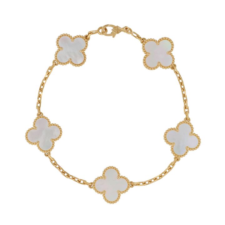 18KT Yellow Gold "Van Cleef & Arpels" Vintage Alhambra Mother of Pearl Clover Bracelet 7.5"