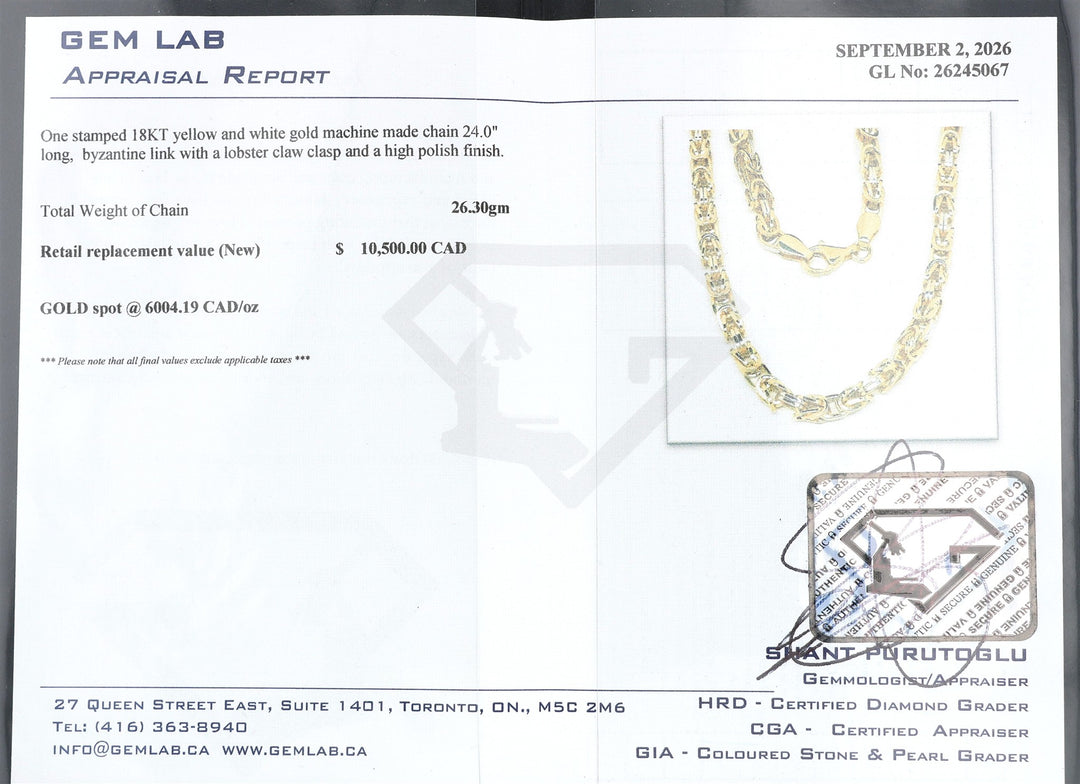 18KT Yellow and White Gold Byzantine Link Estate Chain 24"