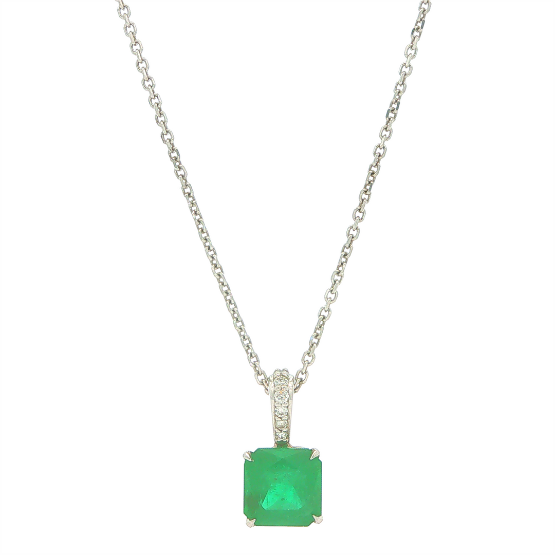 18KT White Gold Emerald Pendant with 0.05ctw Diamond Accent on a 20" Cable Link Chain