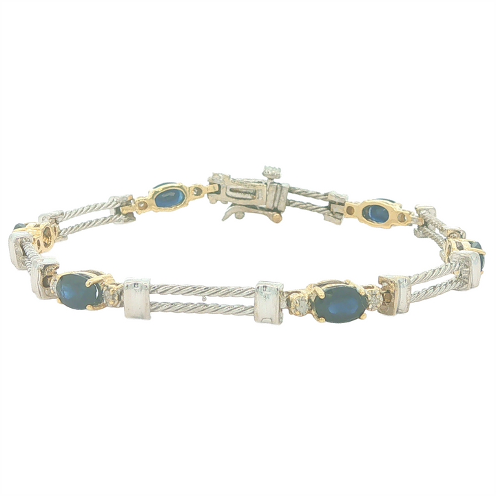 14KT Yellow and White Gold Sapphire and 0.12cttw Diamond Bracelet 7"