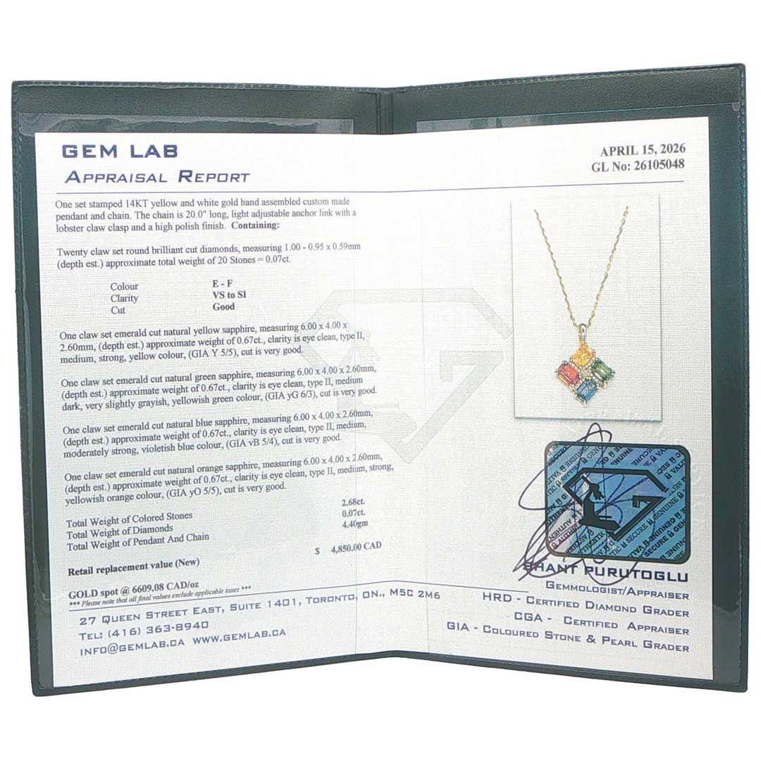 14K Yellow and White Gold 0.07ctw Diamond and Multi-Coloured Sapphire Pendant and 20" Long Adjustable Anchor Link Chain
