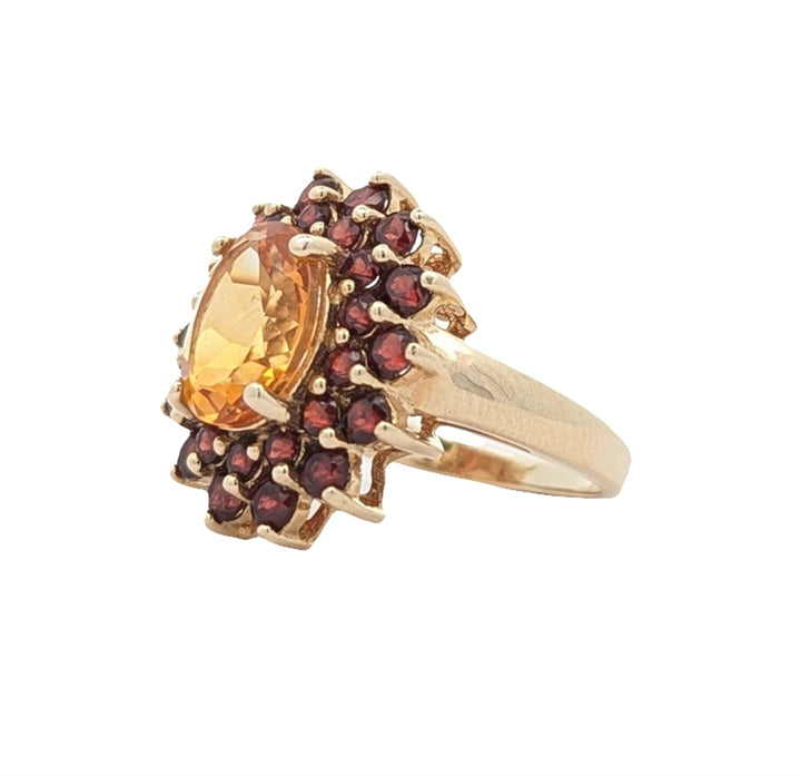 10KT Yellow Gold Natural Almandite Garnet and Natural Citrine Quartz Estate Cluster Ring