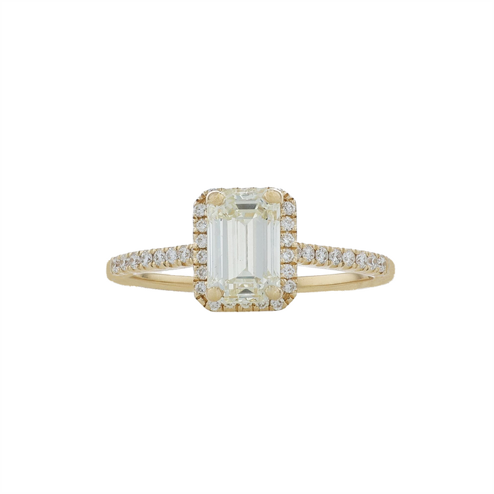 18KT Yellow Gold 1.53ctw Emerald Cut Diamond Engagment Ring with Halo and Accented Shoulders