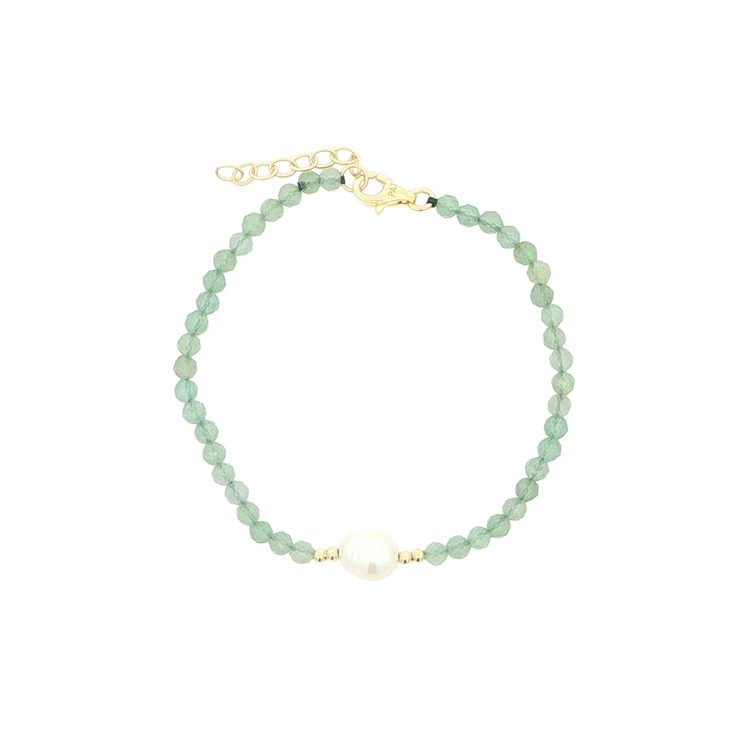 REIGN SS Gold Plated Fresh Water Pearl & Genuine Dark Green Adventurine Beaded Bracelet 6.5+1"