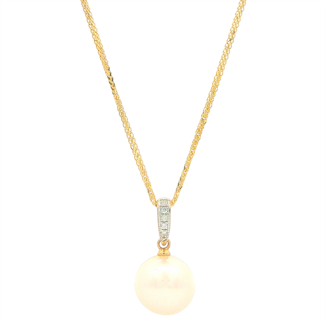 14KT Yellow Gold Freshwater Pearl with 0.02ctw Diamond Accent Pendant on a 16+2" Wheat Chain