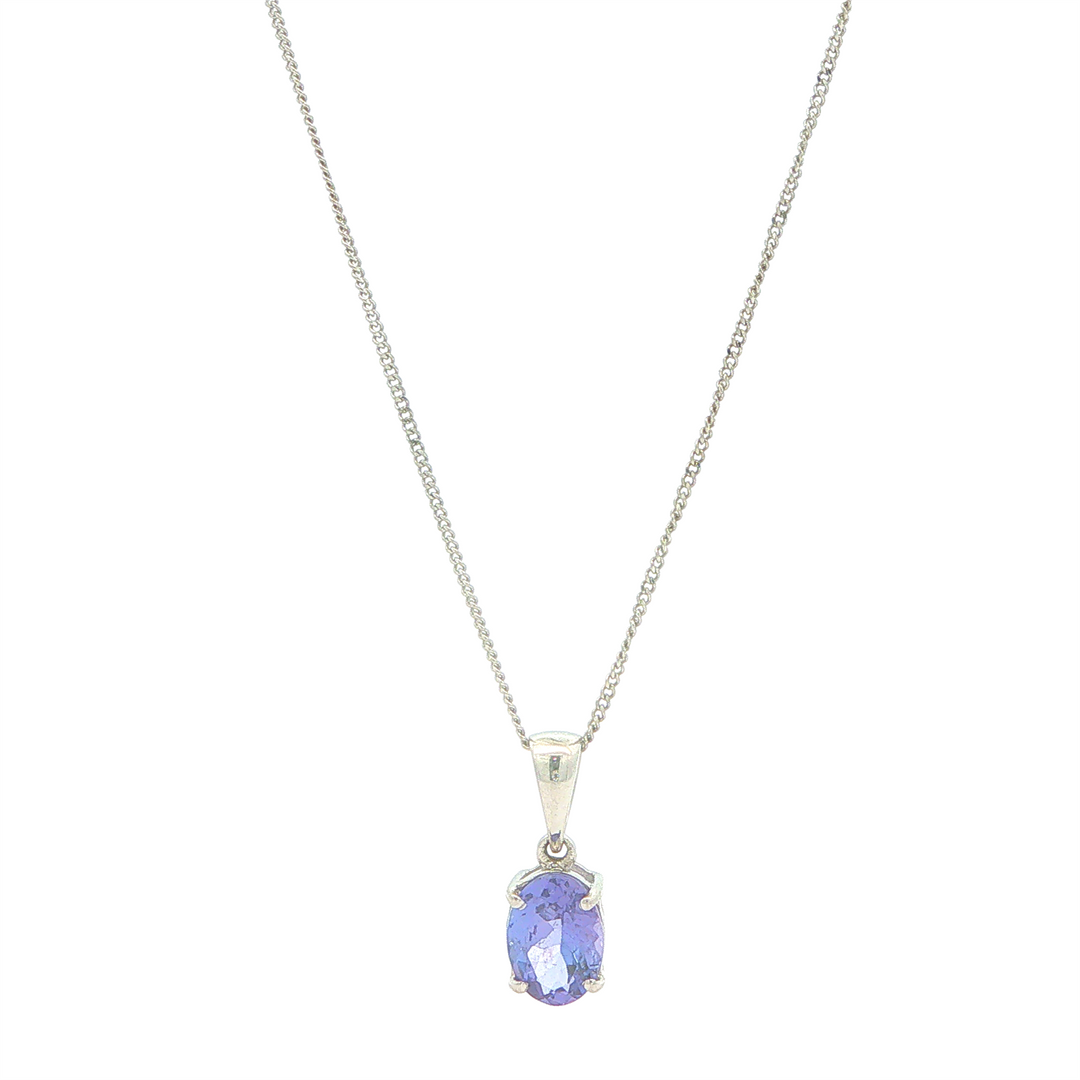 14KT White Gold Tanzanite Pendant with 18" Curb Chain