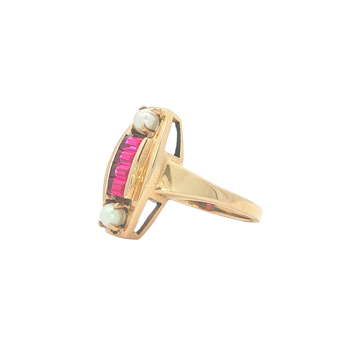 10K Yellow Gold Synthetic Ruby Natural Pearl Estate Ring