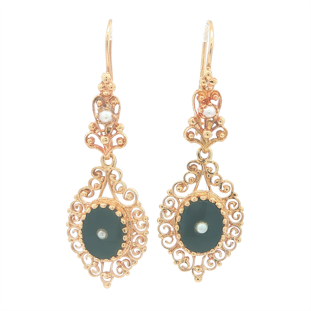 10K Yellow Gold Onyx Pearl Dangle Earrings