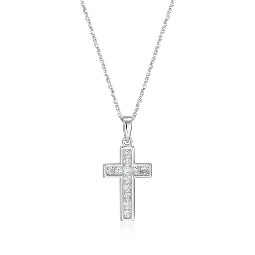 REIGN Sterling Silver Rhodium Plated Classic Cross Pendant Necklace with Cubic Zirconia 17 + 3"