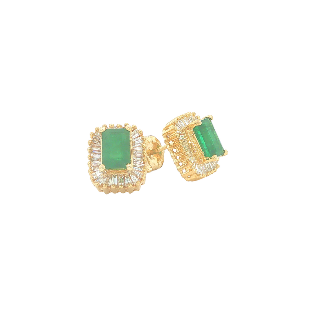 14KT Yellow Gold Emerald Cut Emerald & 0.60cttw Diamond Estate Stud Earrings