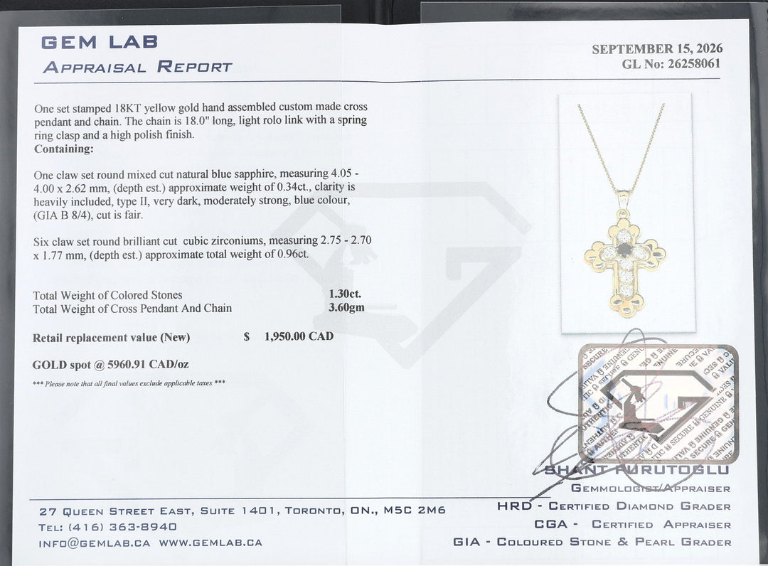 18KT Yellow Gold Sapphire and Cubic Zirconia Estate Cross Pendant on Rolo Chain 18"