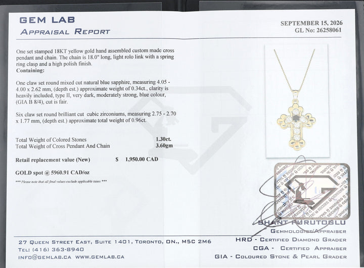 18KT Yellow Gold Sapphire and Cubic Zirconia Estate Cross Pendant on Rolo Chain 18"